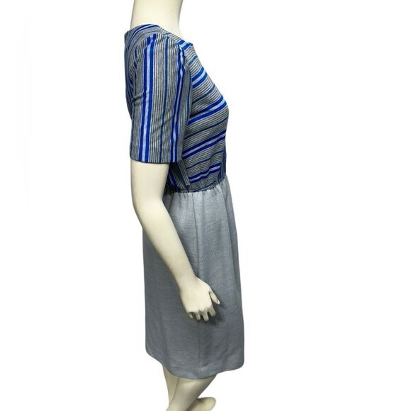Vintage Leslie Fay Blue Gray Striped Short Sleeve Midi Dress Blouson Stretch - Picture 7 of 14